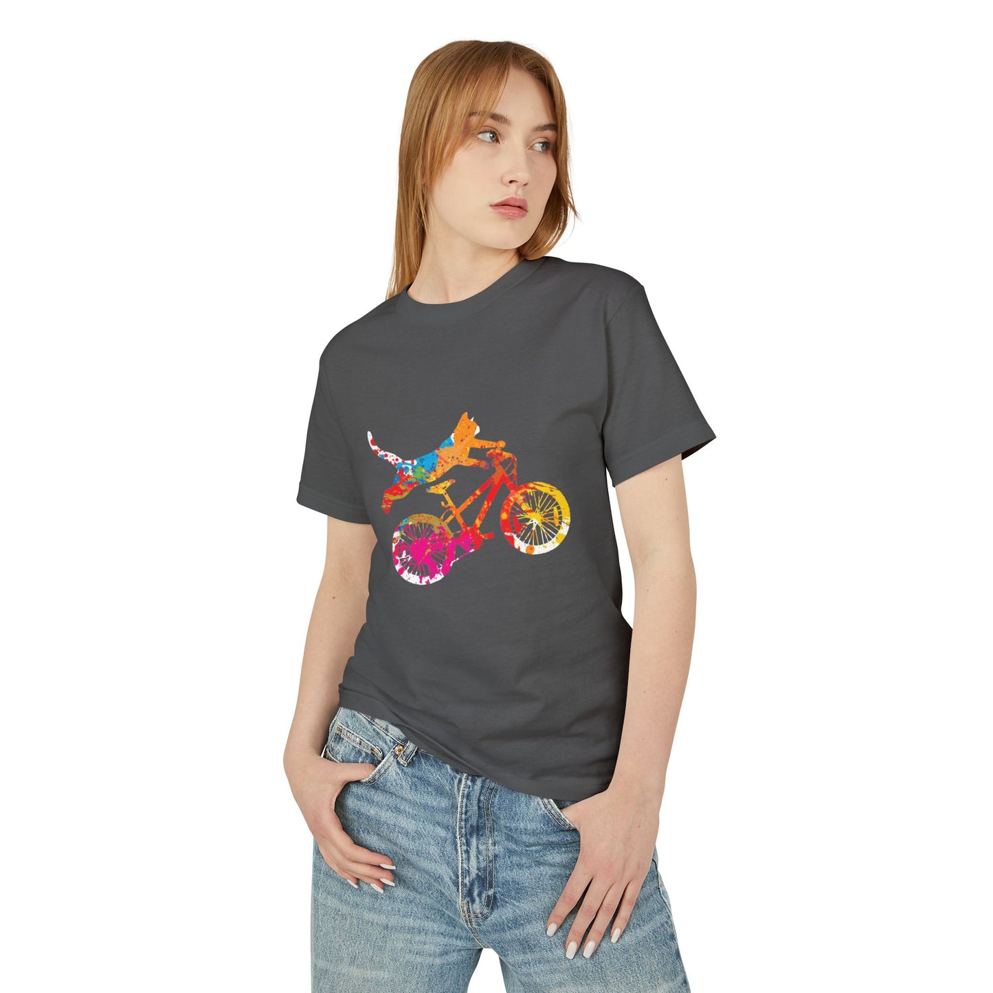 Dog Bike Ride T‑Shirt — Colorful Watercolor Dog on Bicycle Tee
