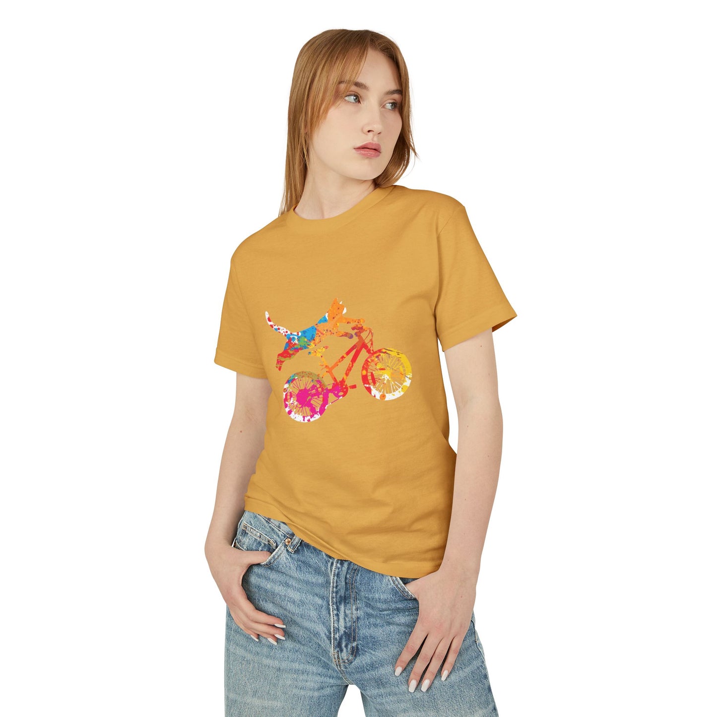Dog Bike Ride T‑Shirt — Colorful Watercolor Dog on Bicycle Tee