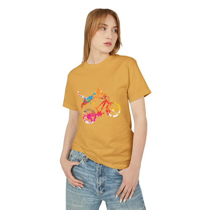 Dog Bike Ride T‑Shirt — Colorful Watercolor Dog on Bicycle Tee