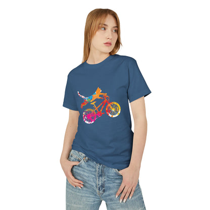 Dog Bike Ride T‑Shirt — Colorful Watercolor Dog on Bicycle Tee