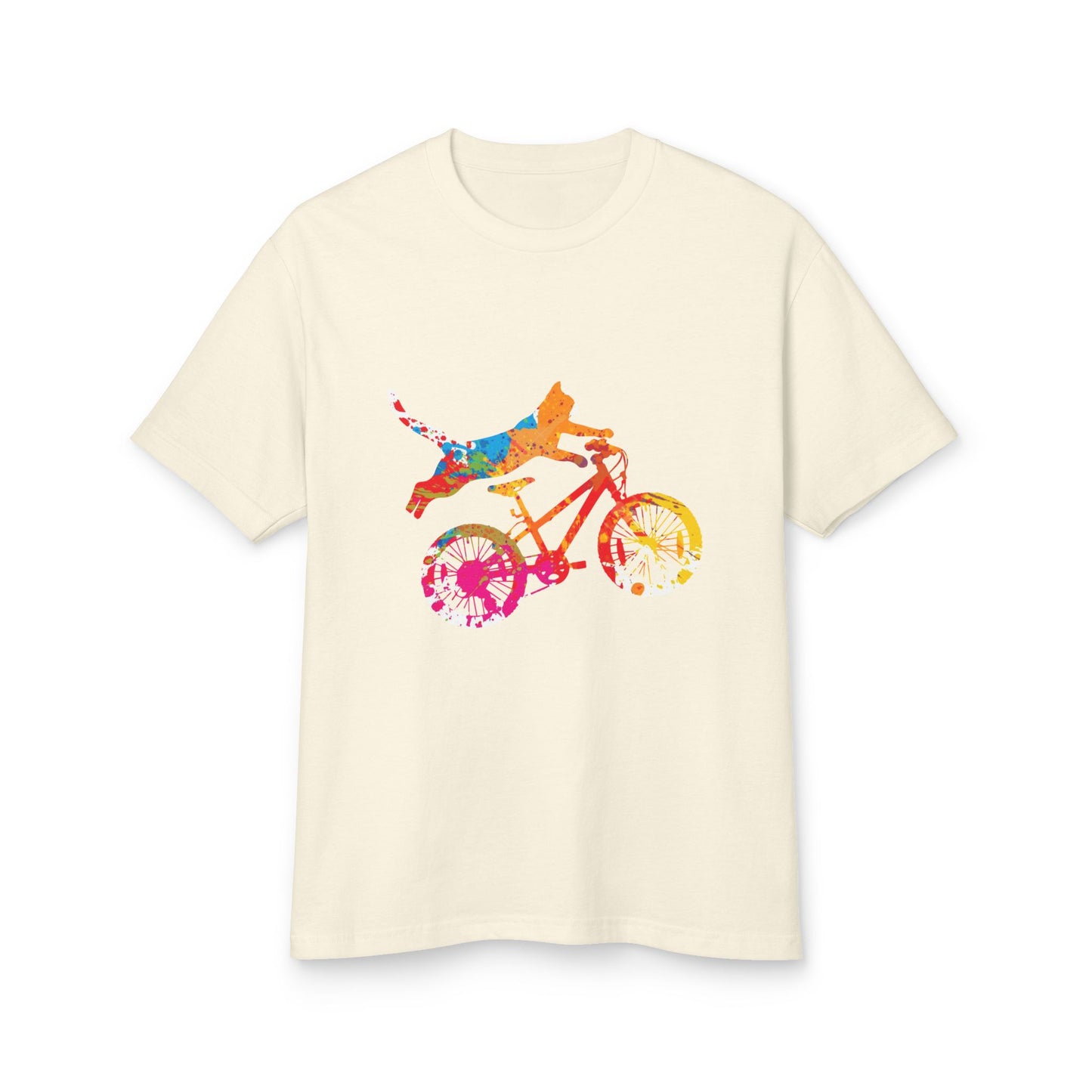 Beige t-shirt with a colorful graphic of a person riding a bike on a white background